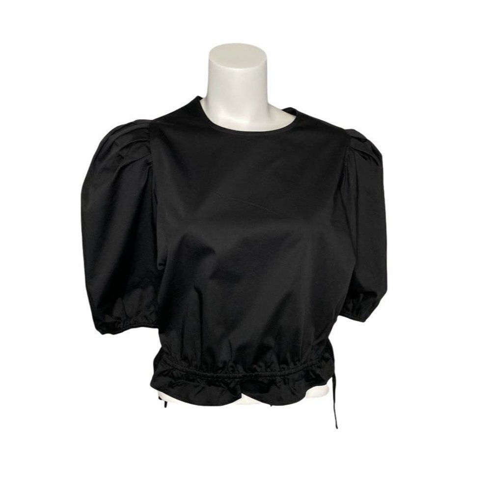 Danielle Bernstein Blouse Top Women's 1X Black‎ Plus Size Side Tie Puff Sleeves